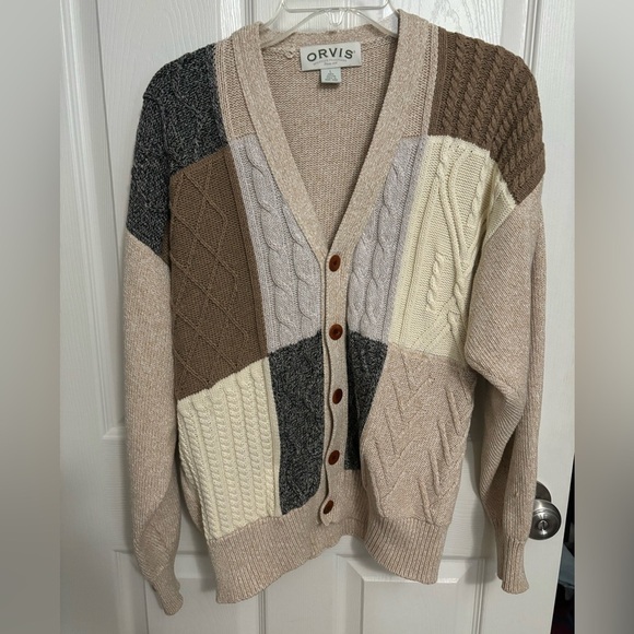 Orvis | Patchwork Knit Cardigan Sweater Mens Cable Chunky Sz L Vintage Rare - Picture 1 of 7